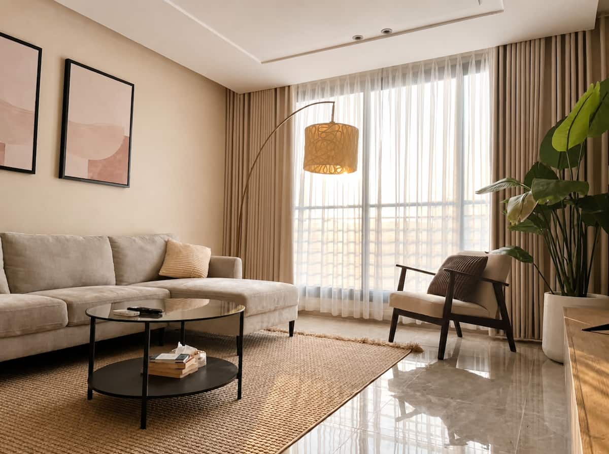 Bright living room in Rihab's modern apartment near the bridge and sea